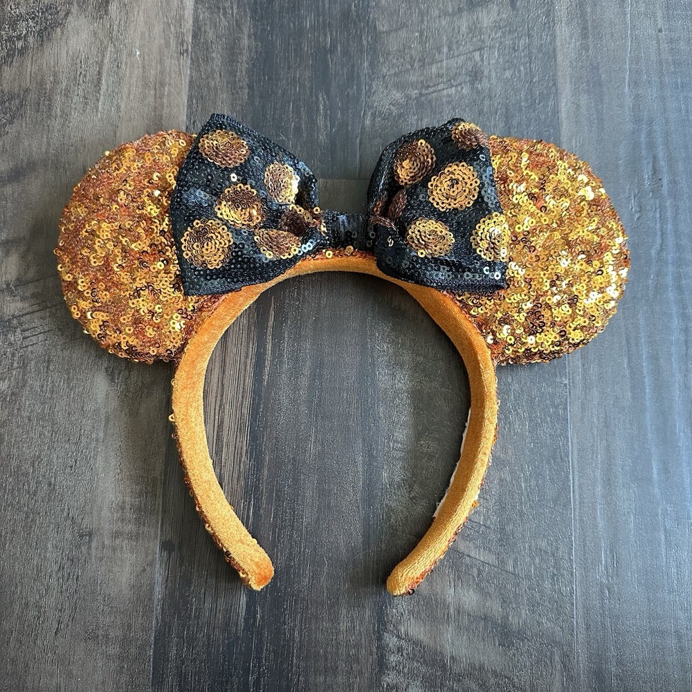 Disney Parks 2017 Halloween Orange & Black Sequin Minnie Ears Headband EUC RARE